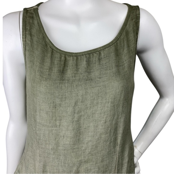 INIZIO 100% Linen Green Tiered Midi Tank Dress Sleeveless Stretch Women’s Medium - Picture 7 of 16